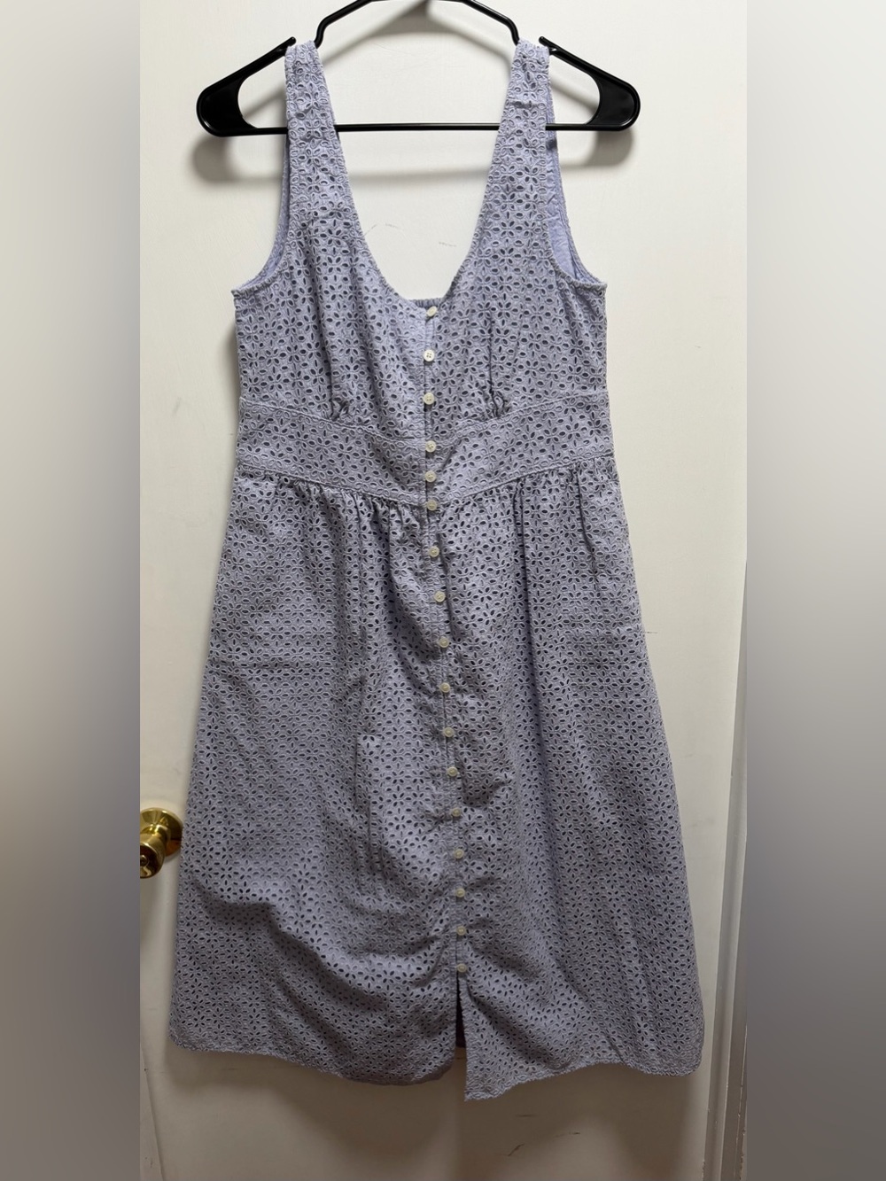 J Crew Button Front Eyelet Dress Womens 12 Purple Midi Sleeveless Smocked Back